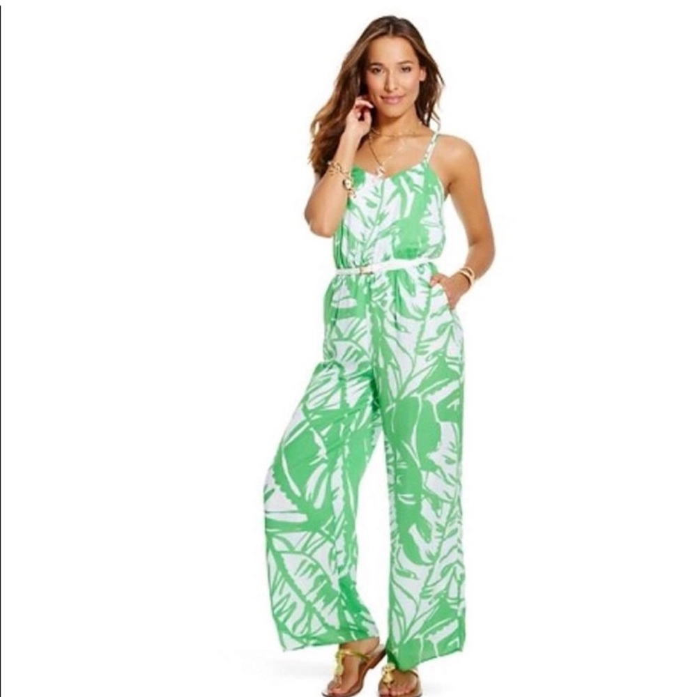 Lilly Pulitzer Green Tropical Leaf Jumpsuit with Halter Neck